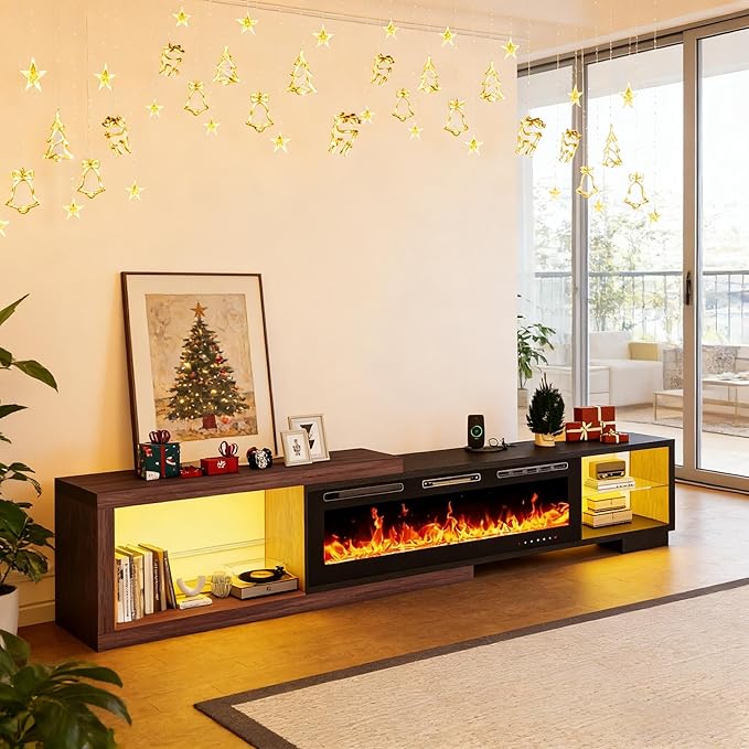 Extendable TV Stand with 50" Electric Fireplace, Modern LED Entertainment