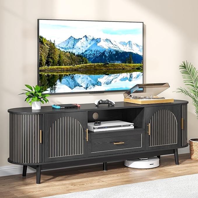 63" Fluted TV Stand for Tvs up to 70", Mid-Century Modern Entertainment Center