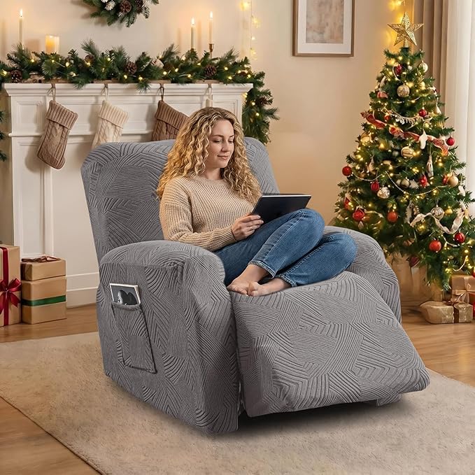 Recliner Chair Covers, 4-Piece Stretch Geometric Strokes Jacquard Reclining