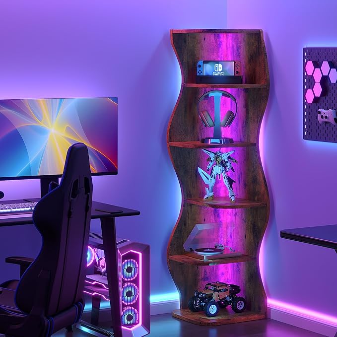 VECELO Wavy Corner Shelf with LED Light, Decorative 6-Tier Corner Display
