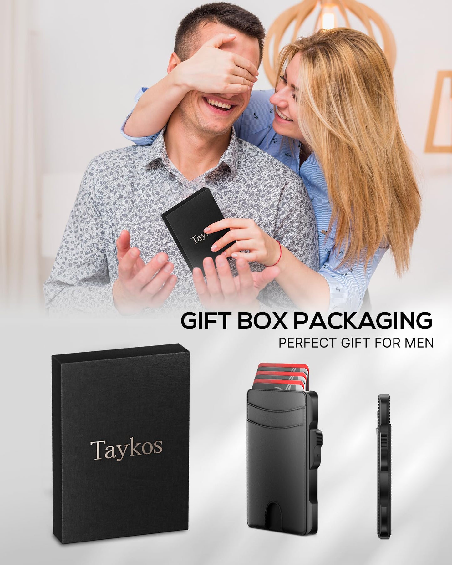 Taykos Minimalist Mens Wallet Card Holder: Pop Up Card Case, Genuine Leather, Smart, RFID Blocking, Slim, Thin, Front Pocket, Gift Box - 9-12 Card Capacitiy, Cash Pocket (Black)