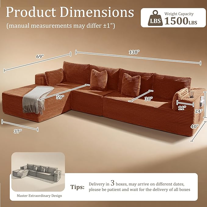 138" Cloud Sectional Couch, Comfort L Shaped Boneless Couch