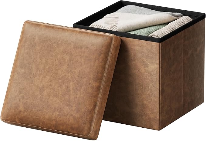 SONGMICS HOME Storage Ottoman, Removable Lid, Foldable Foot Stool, PU Leather