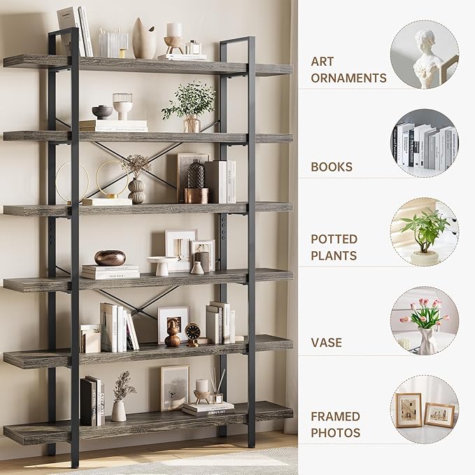 OtterOasis Bookshelf Set, Heavy Duty 6-Tier Industrial Bookcase, 120lbs Shelf
