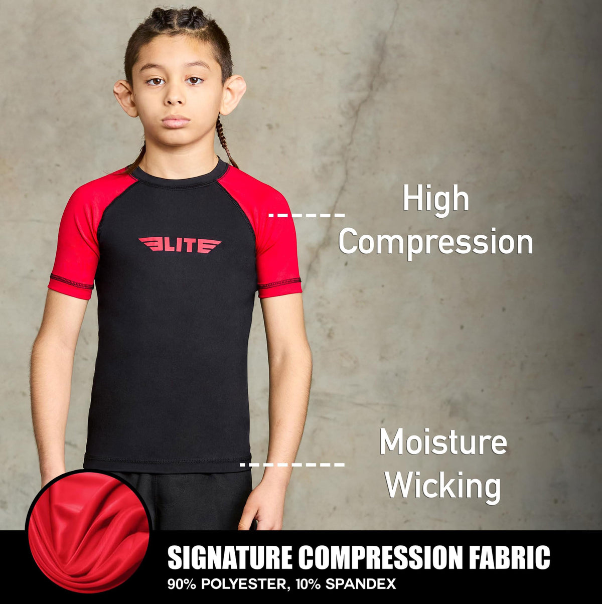 Elite Sports Kids Jiu Jitsu BJJ Rash Guard, Short Half Sleeve Compression Shirt for Youth Boys Girls Sports Nogi Training Red