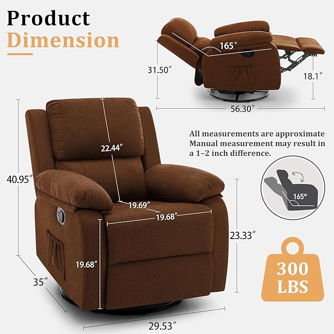 Korser Recliner Chair, 360 Swivel Rocker Chair