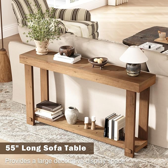 Solid Wood Console Table, 55.1" Long Farmhouse Entryway Tables Thickened
