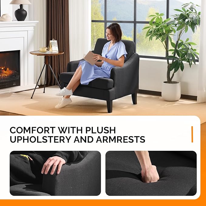 VINGLI Linen Fabric Accent Chair Black, Modern Upholstered Armchair, Comfy Sofa
