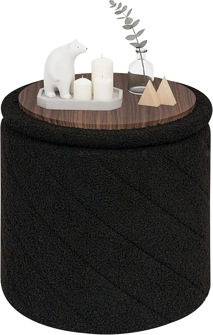 PINPLUS Ottoman with Stroage Round Boucle Ottoman and Tray Sherpa Removable