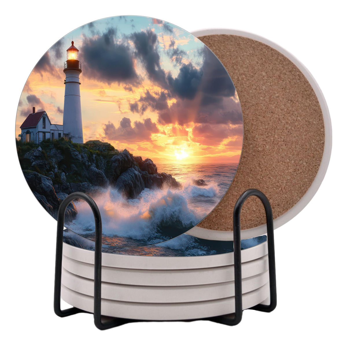 Lighthouse Beach Coastal Shore Round Coasters Set of 6 - Abosrbent Ceramic with Metal Stand for Drinks, Coffee, Non-Slip Cork Back for Tabletop Protection, 4 Inches (Sunset)