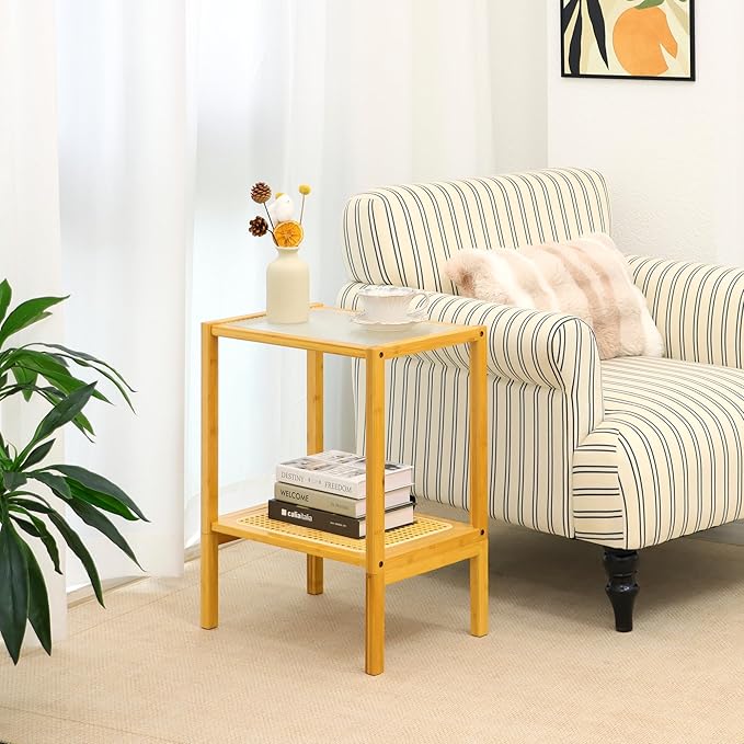 2-Tier Bamboo Side Table, Modern Glasstop Rattan Side Table, Mid Century Wood