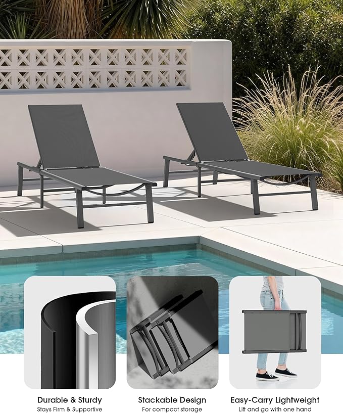 Ciokea Foldable Outdoor Lounge Chair, No Assembly Patio Chaise Lounge Outdoor