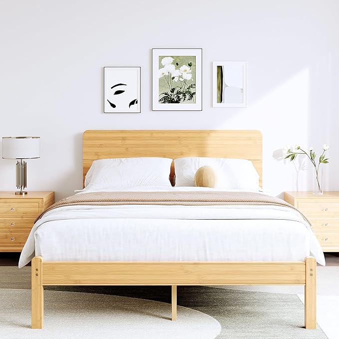BOSRII 14in High Solid Bamboo Wood Platform Full Size Bed Frame