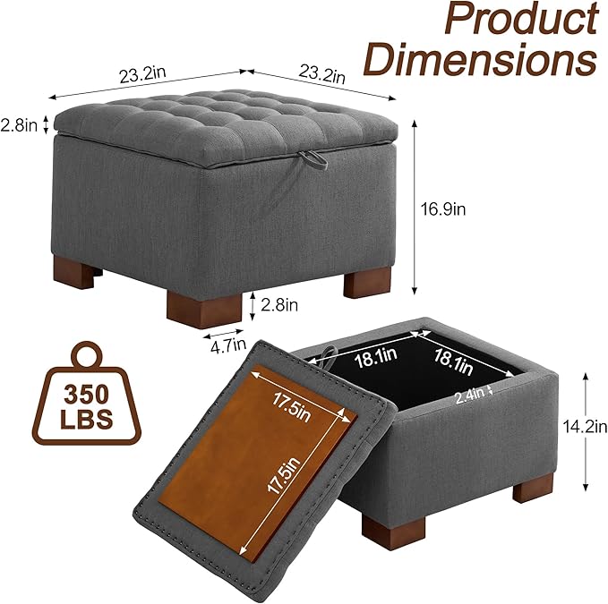 WUTUTUEE 24" Fabric Square Storage Ottoman