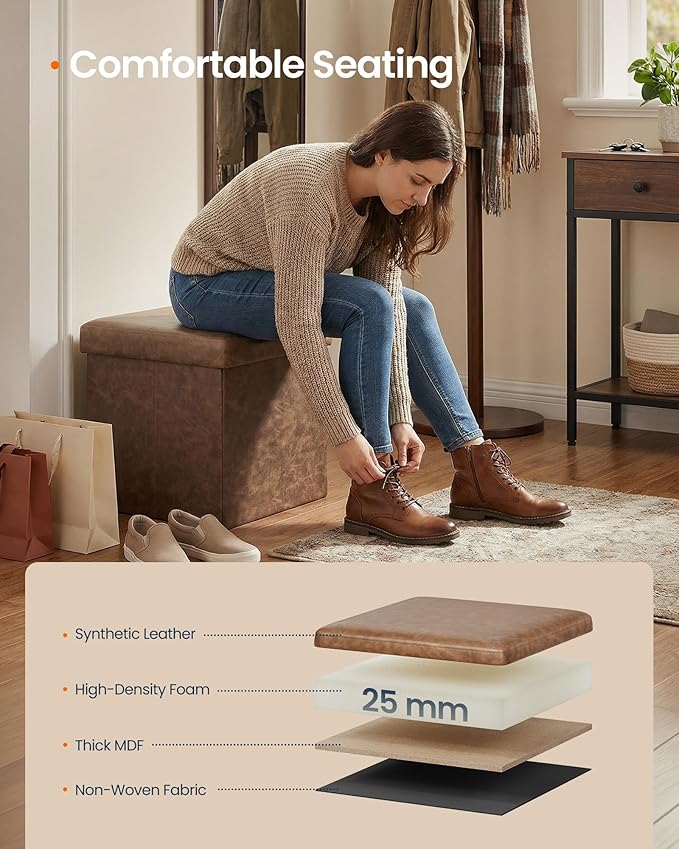 SONGMICS HOME Storage Ottoman, Removable Lid, Foldable Foot Stool, PU Leather