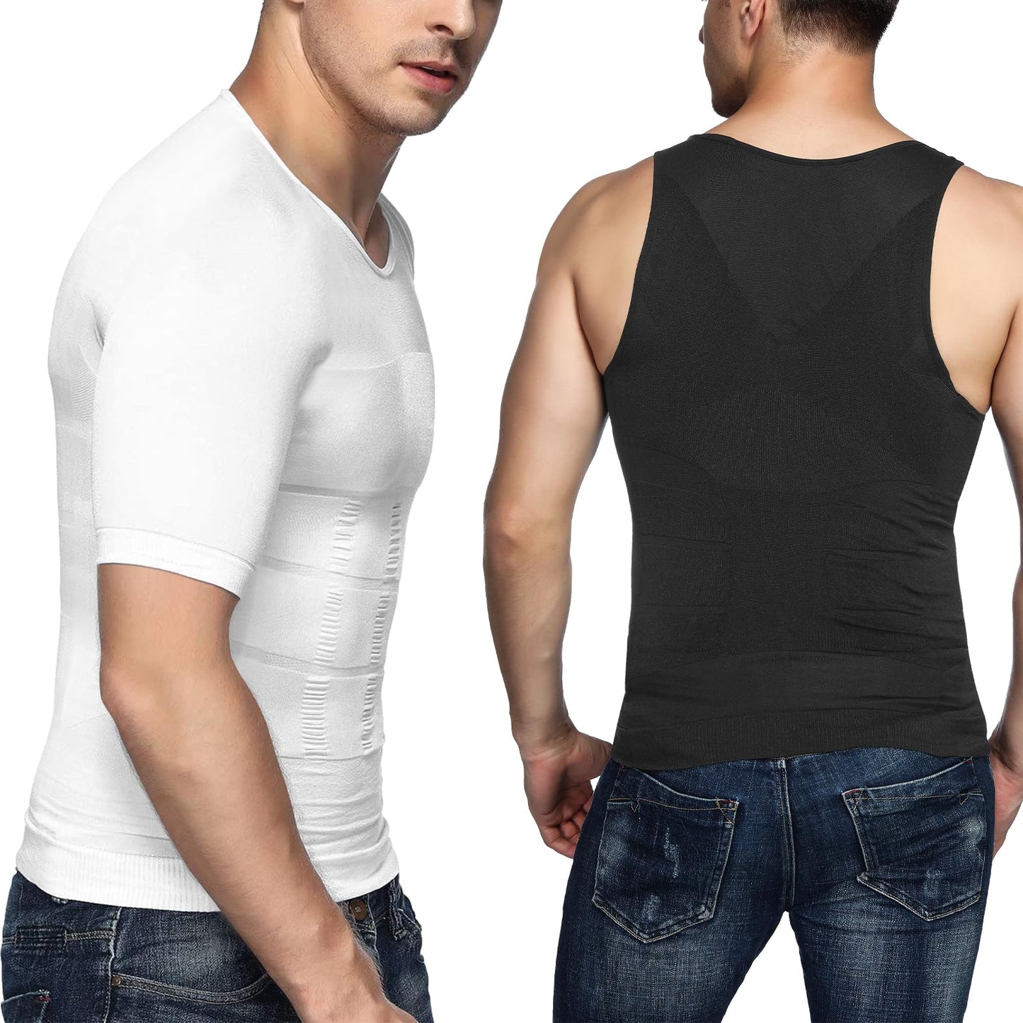 Odoland 5 Pack Men's Compression Shirt Short Sleeve Vest Set, Body Shaper Tummy Slimming Shapewear Tank Top Base Layer for Sport,1 Black/White/Grey Tank Top and 1 Black/White Short Sleeve,L