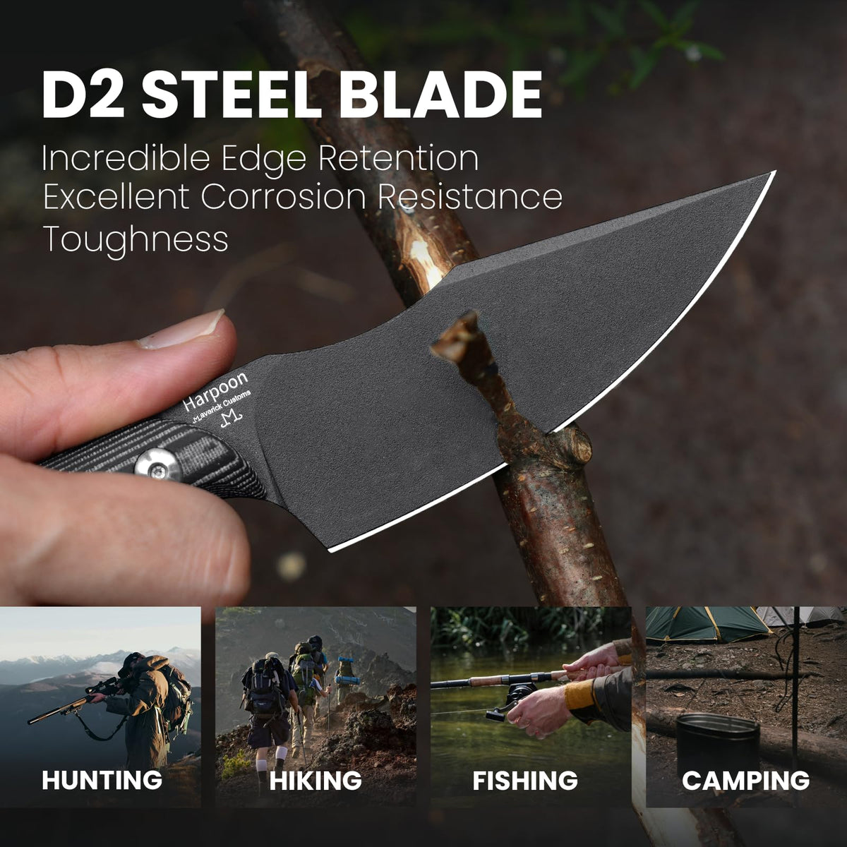 Kizer Harpoon Fixed Blade Knife, D2 Blade with Black Micarta Handle Hunting Knife, EDC Fixed Blade Knife with Sheath, Hiking Camping Knife 1040A1