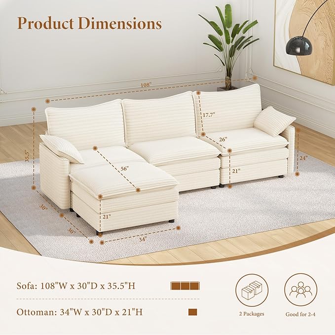 Vesgantti 108" Cloud Couch for Living Room, Deep Seat Sectional Modular Sofa