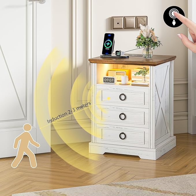 Nightstand with Charging Station, Farmhouse End Side Table with 3 Drawers and