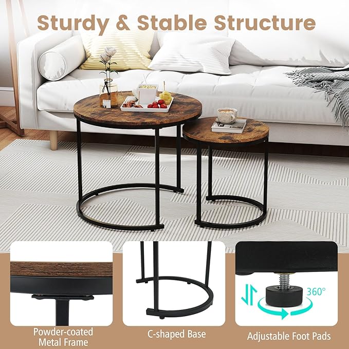 Giantex Nesting Coffee Table Set of 2, Round Stacking Side Tables w/Wooden