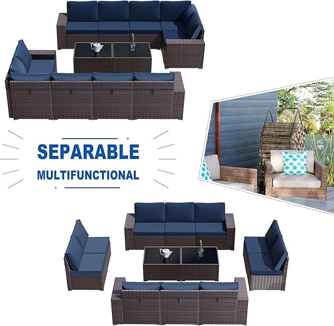 Kullavik Outdoor Patio Furniture Set, 12 Pieces Sectional Rattan Sofa Set Brown