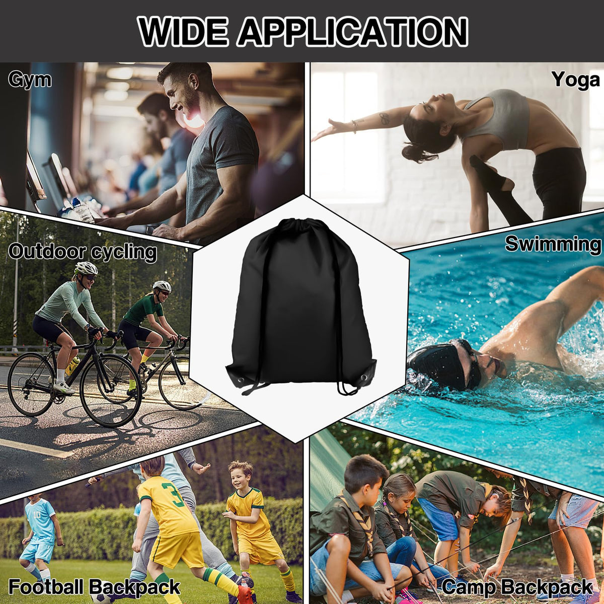 COIDEA 6Pcs Drawstring Backpacks, Medium, Black, Sports, Gym, Travel, Swimming, Beach (CBT6809-HSCSBB-X6)