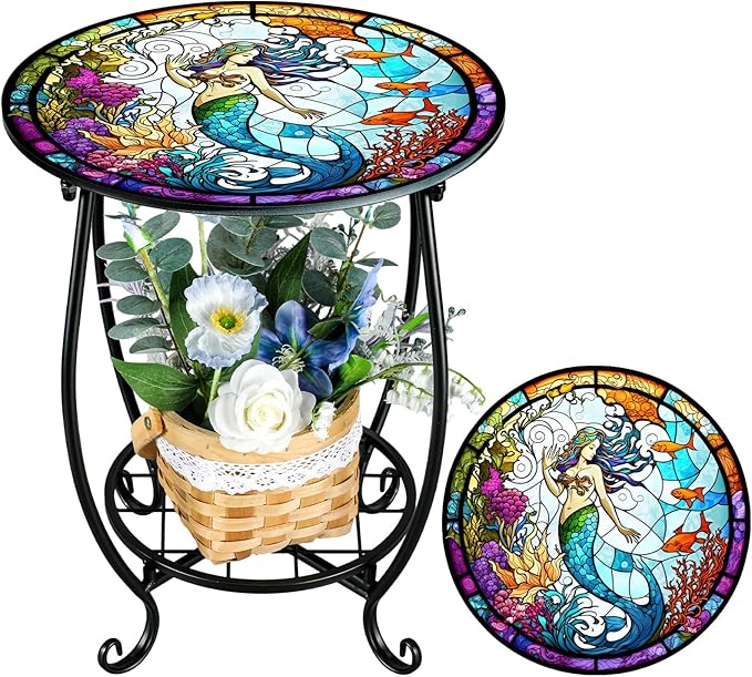 Cinnvoice Outdoor Side Table Round Small Mosaic Patio Accent Indoor End Plant