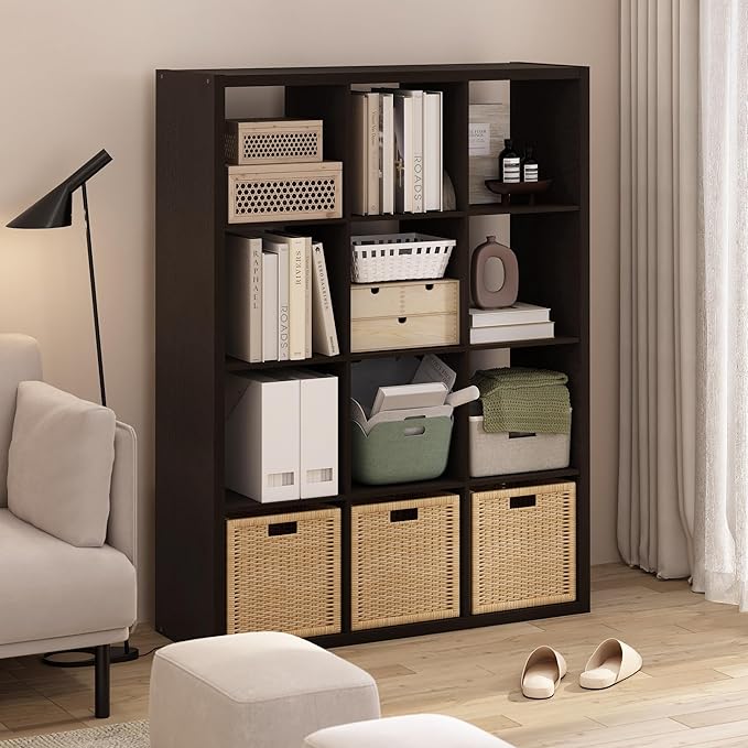 Furinno Cubicle Book Shelf, 12-Cube Bookshelf, Extra Thick Frame Reversible