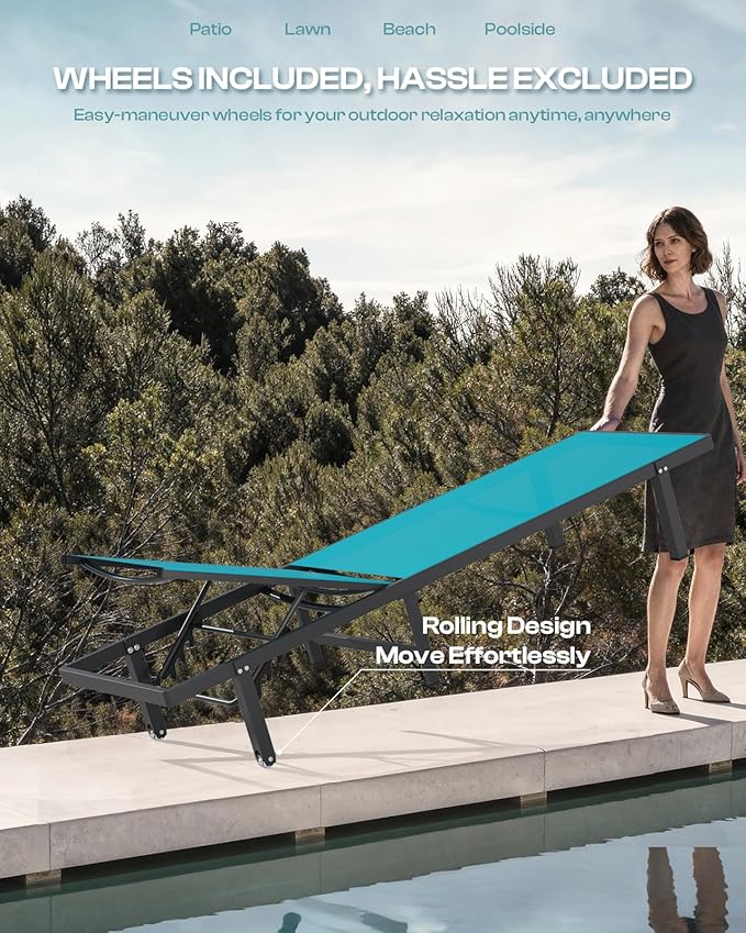 Lounge Chair Outdoor with Wheels, Aluminum Patio Chaise Lounge Chair with 5