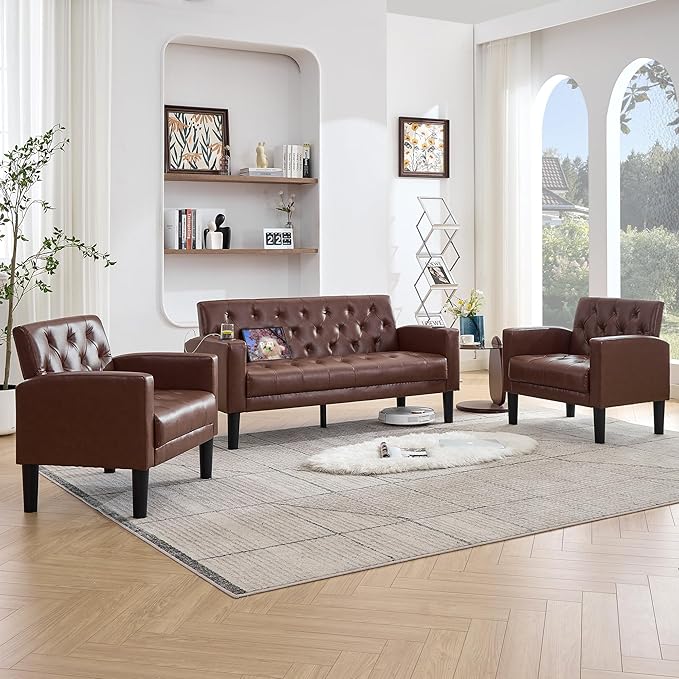 TYBOATLE 62" W Leather Loveseat w/Chairs, 3 Piece Sofa Sets