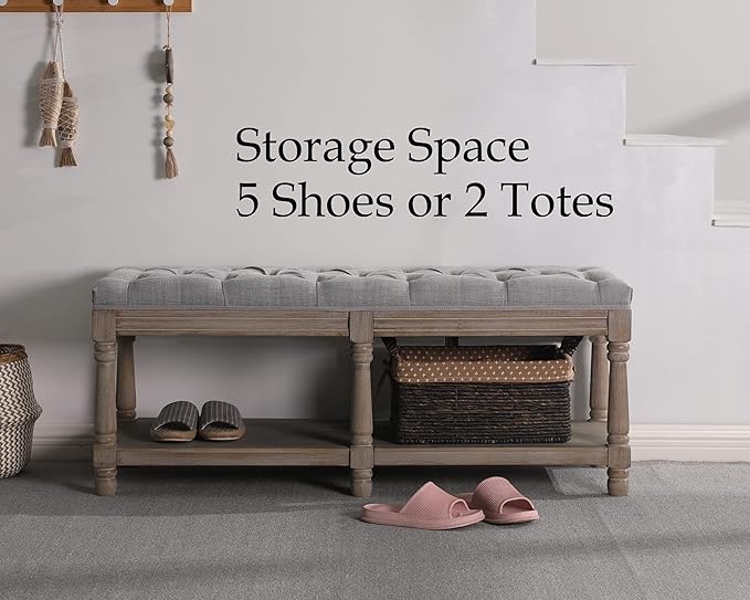 Farmhouse Storage Bench Wooden Entryway Upholstered Tufted Ottoman Bench