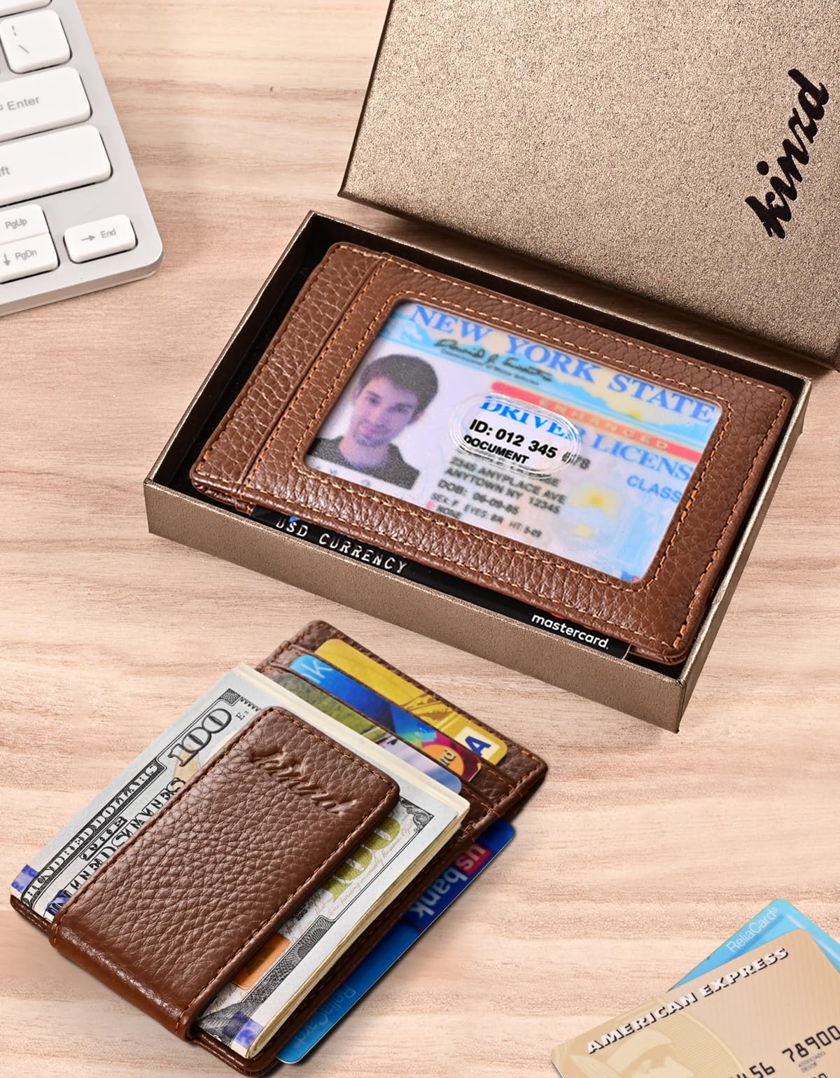 kinzd Money Clip, Front Pocket Wallet, Genuine Leather RFID Blocking Strong Magnet Minimalist Thin Wallet For Mens Brown Clip Wallet Credit Card Holder