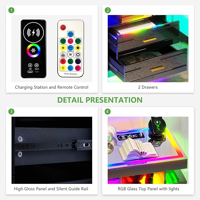 HNEBC RGB Nightstand with Wireless Charging Station, LED Night Stand with