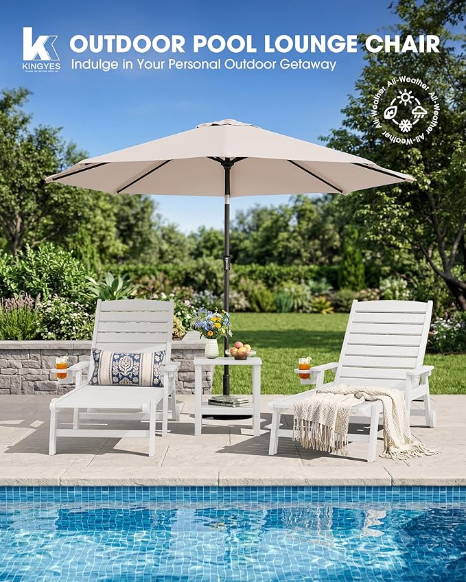 KINGYES HDPE Lounge Chair Outdoor Set of 2, Patio Chaise Lounge Recliner