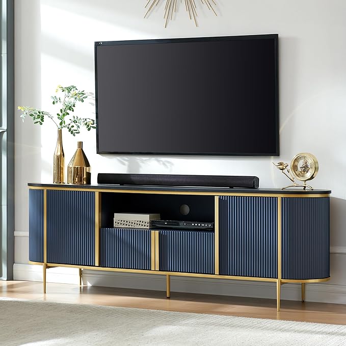 OKD 70" Fluted TV Stand with Storage, Faux Marble Top Entertainment Center