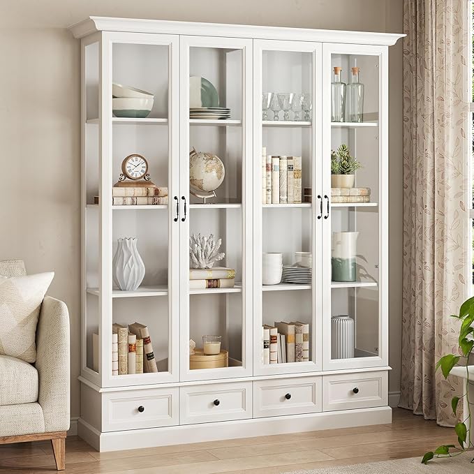 78" Large Storage Cabinet with Glass Doors, China Hutch, Farmhouse Kitchen