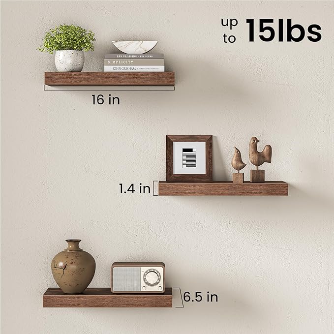 Fun Memories 16 Inch Floating Shelves Wall-Mounted, Engineered Wood Wall Shelves