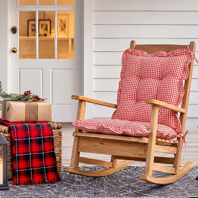 Lewtemi 2 Set Red Gingham Rocking Chair Cushion Village Ruffled Rocking Chair