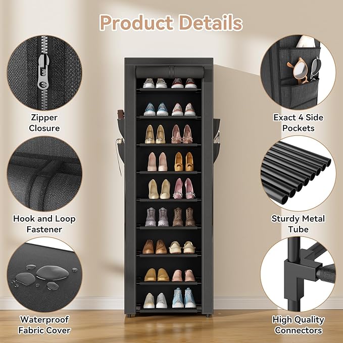 LANTEFUL Narrow Shoe Rack with Cover 10 Tier Tall Shoe Rack Organizer Large