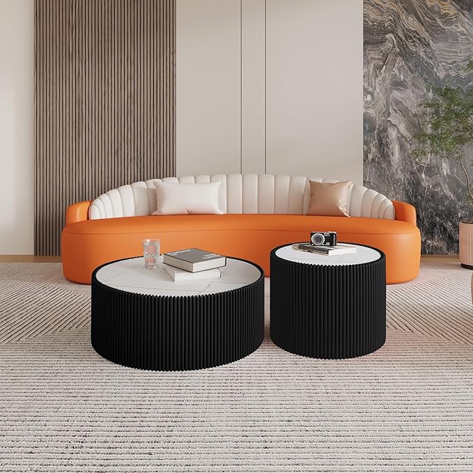 29.52" Round Marble Coffee Table, Modern Fluted Coffee Table w/White Sintered