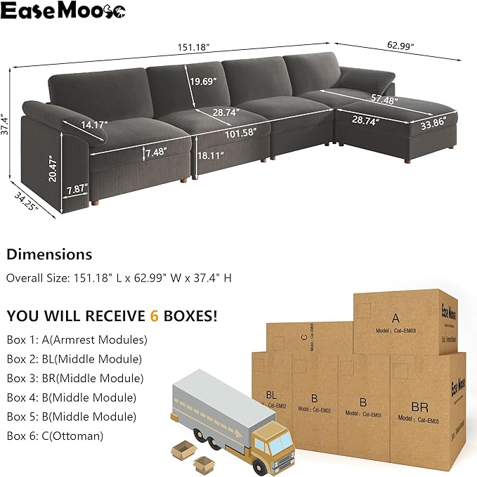 EASE MOOSE Sectional Modular Sofa, Oversized L Shape Sectional Couch Wide Deep