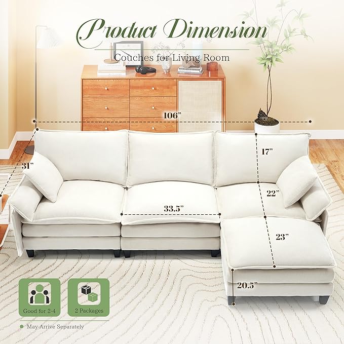 Cloud Couch, Deep Seat Couches for Living Room, Bedroom and Apartment, L Shaped