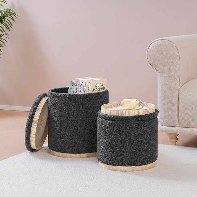 PINPLUS Round Ottoman with Storage Set of 2, Storage Ottoman with Tray