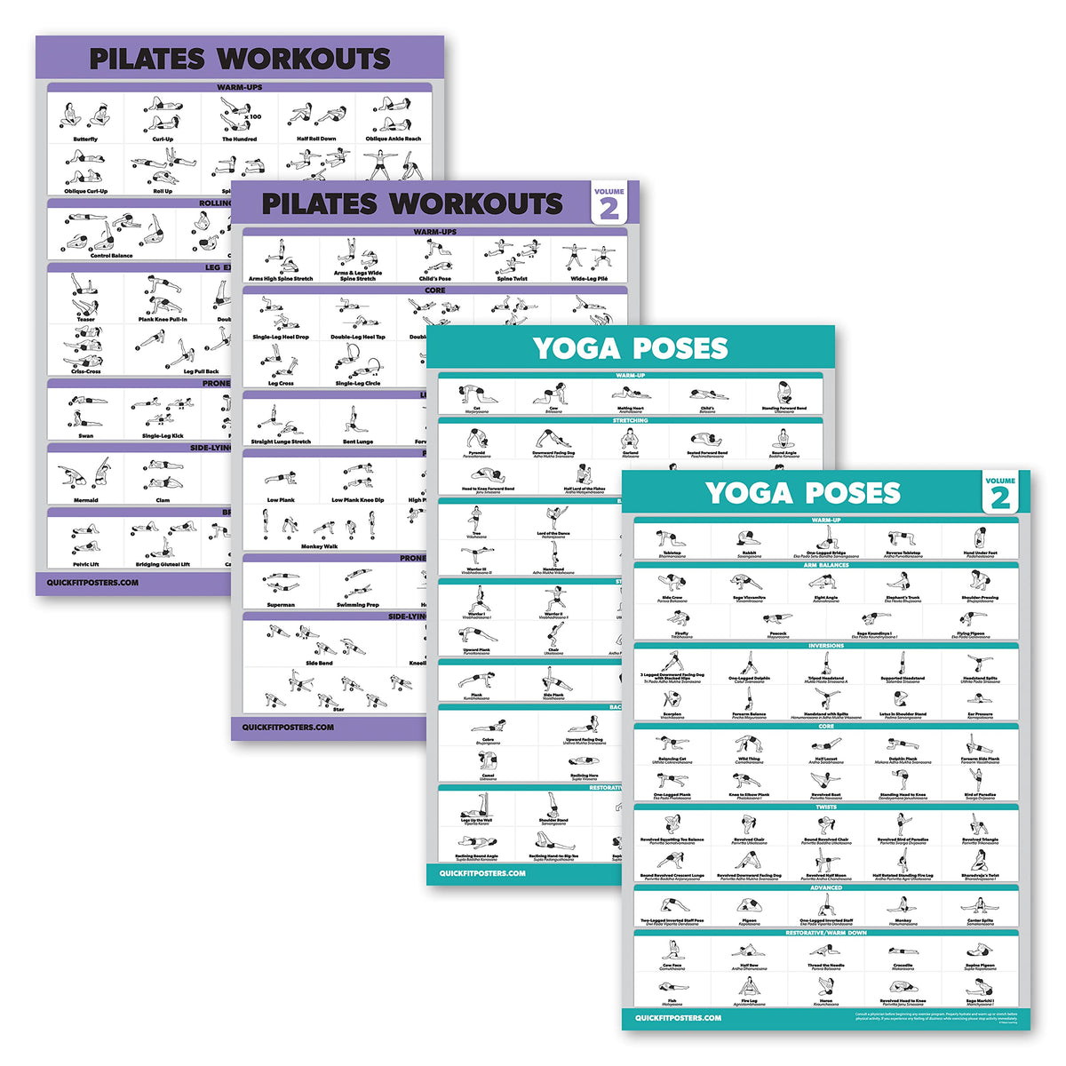 4 Pack - Pilates Workout Volume 1 & 2 + Yoga Poses Volume 1 & 2 - Exercise Poster Set (18 x 24, LAMINATED)