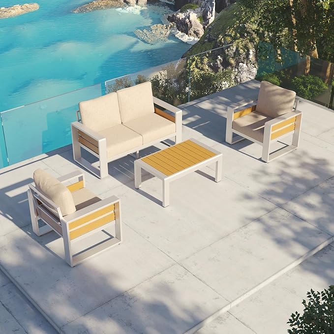 Aoxun Aluminum Patio Furniture Set, 4 Seats Luxury Metal Patio Conversation Sets