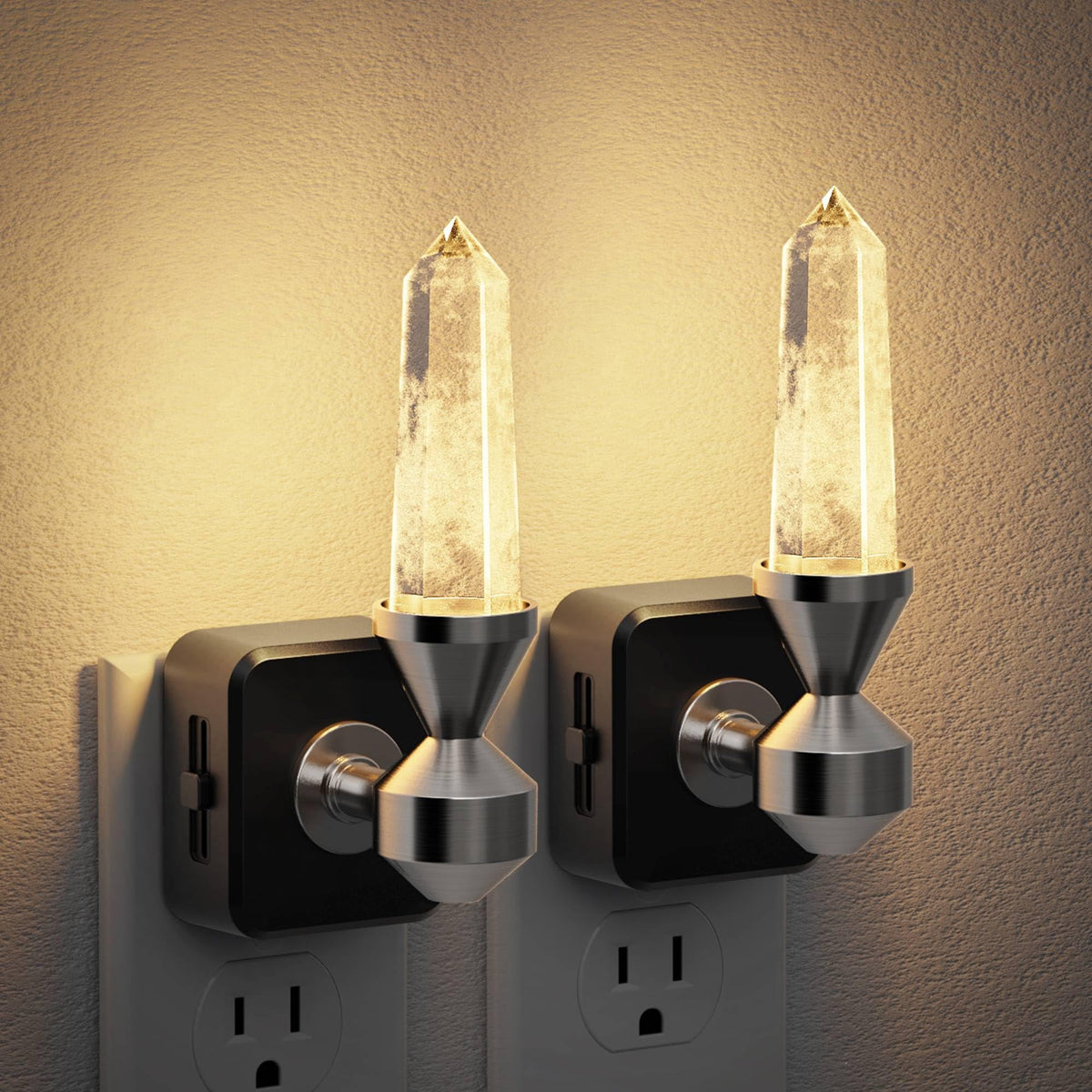 JandCase Healing Crystals LED Night Light Plug into Wall, 2 Pack Dimmable Night Lights witih Clear Quartz Tower, Dusk to Dawn Sensor Nightlights for Meditation Living Room Bedroom Home Decor