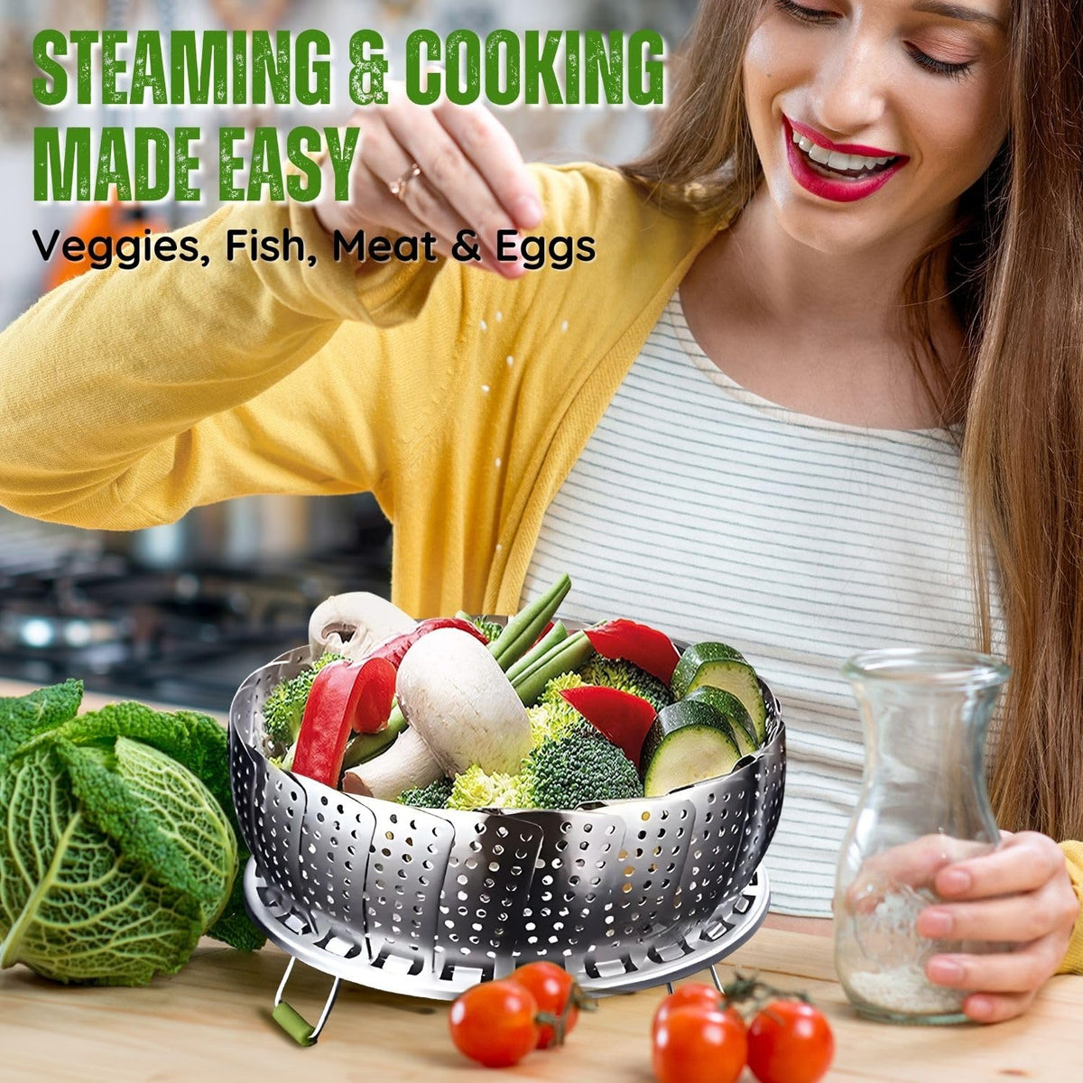 Flexzion Vegetable Steamer Basket for Pot - Stainless Steel Steaming Basket for Veggie, Fish, Meats, Eggs - Extendable Expandable Foldable Steam Basket w/Handle for Various Pot Size, 7 to 11 Inch