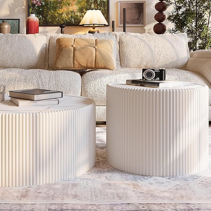 White Marble Coffee Table Set of 2, 29.52" Round Flued Coffee Table and End