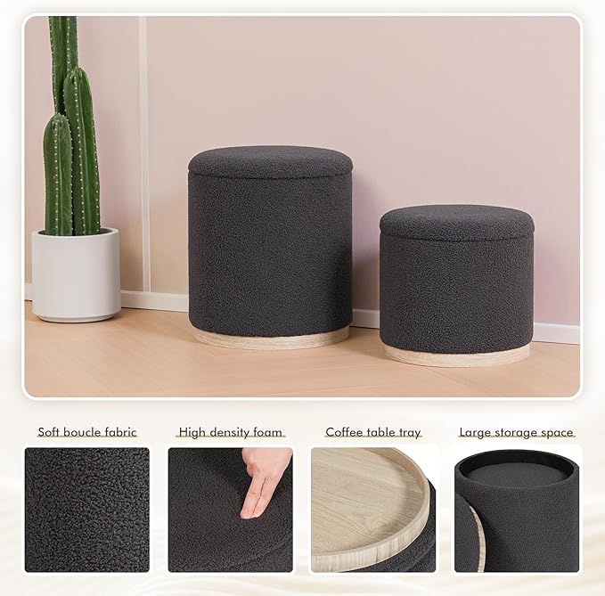 PINPLUS Round Ottoman with Storage Set of 2, Storage Ottoman with Tray