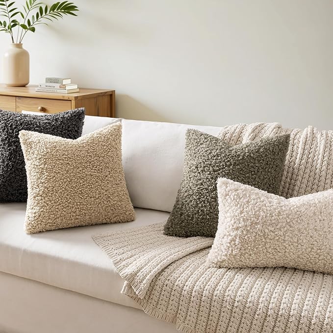 Faux Fur Throw Pillow Covers 18x18 Inch Set of 2 Boucle Neutral Decorative